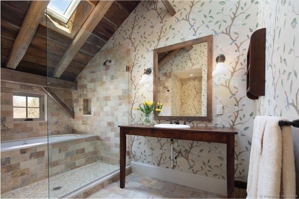 Bathroom, Glass Shower, Interior, Stone Walls, Wooden Beams, Wooden Ceilings