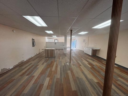 Empty room, Interior, Kitchen, Recessed Lighting, Wood Texture Flooring