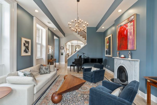 Fireplace, Interior, Living room, Pendant Lights, Piano, Recessed Lighting, Wood Texture Flooring