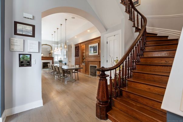 Dining room, Fireplace, Interior, Pendant Lights, Recessed Lighting, Wood Texture Flooring