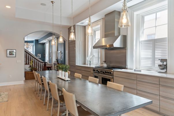 Dining room, Interior, Kitchen, Pendant Lights, Recessed Lighting, Stainless Steel Appliances, Wood Texture Flooring