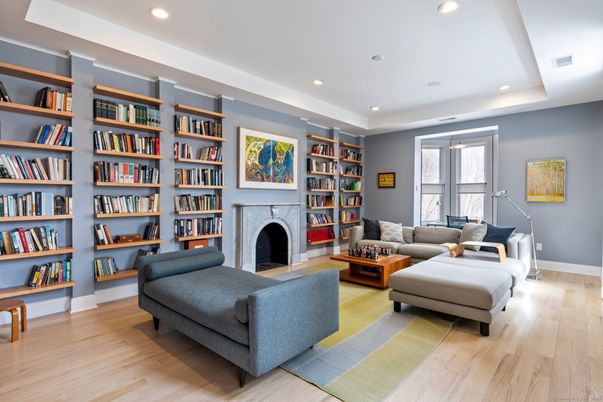 Fireplace, Interior, Living room, Piano, Recessed Lighting, Wood Texture Flooring