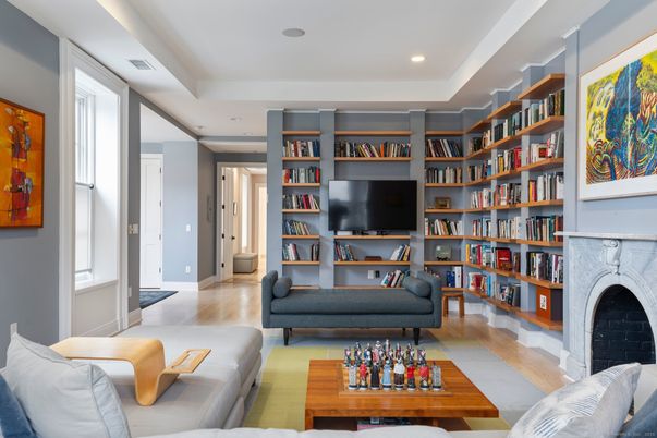 Fireplace, Interior, Living room, Recessed Lighting, Wood Texture Flooring