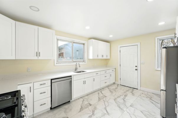 Interior, Kitchen, Marble, Recessed Lighting, Stainless Steel Appliances