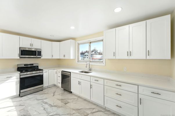 Interior, Kitchen, Marble, Recessed Lighting, Stainless Steel Appliances