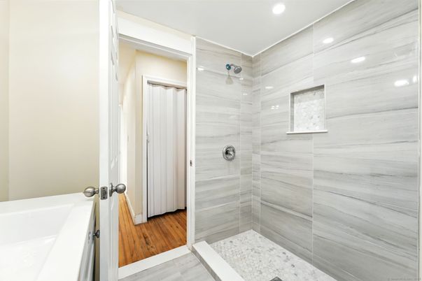 Bathroom, Glass Shower, Interior, Recessed Lighting, Wood Texture Flooring
