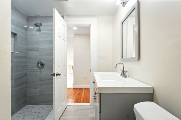 Bathroom, Interior, Recessed Lighting, Wood Texture Flooring