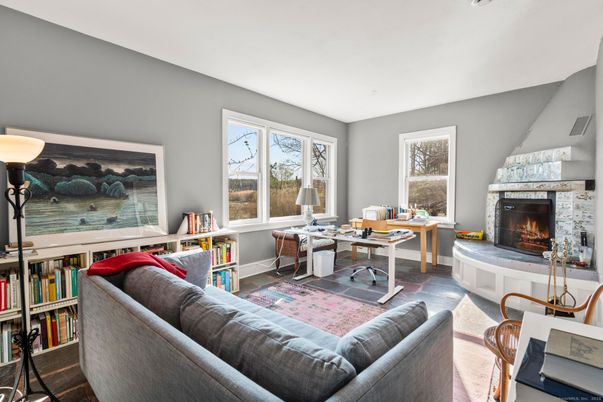 Fireplace, Home Office, Interior, Living room, Wood Texture Flooring