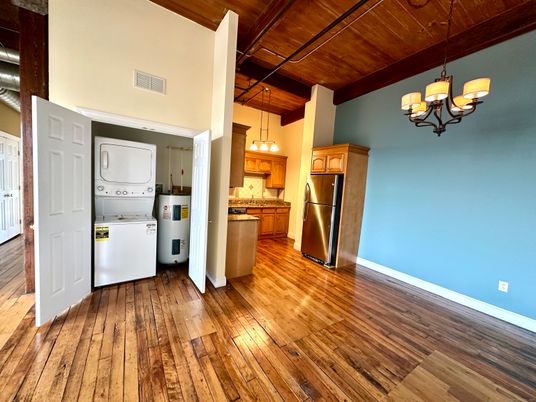 Chandelier, Interior, Kitchen, Pendant Lights, Utility Closets, Washer, Wooden Ceilings, Wood Texture Flooring