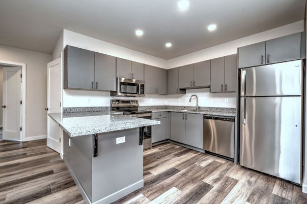 Interior, Kitchen, Recessed Lighting, Stainless Steel Appliances, Wood Texture Flooring