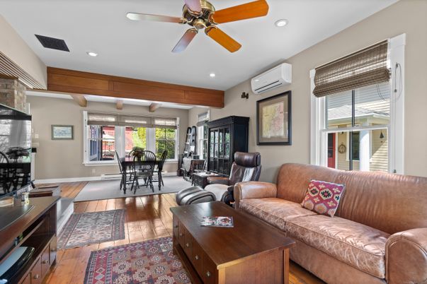 Dining room, Interior, Living room, Recessed Lighting, Wooden Beams, Wood Texture Flooring