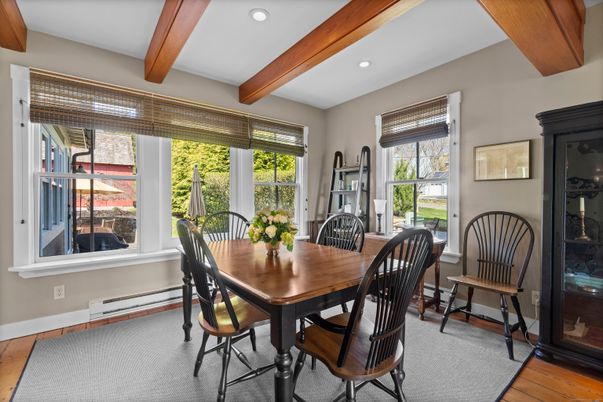 Dining room, Interior, Recessed Lighting, Wooden Beams, Wood Texture Flooring