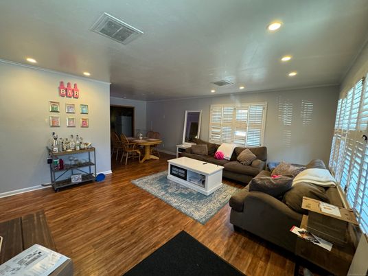 Dining room, Interior, Living room, Recessed Lighting, Wood Texture Flooring