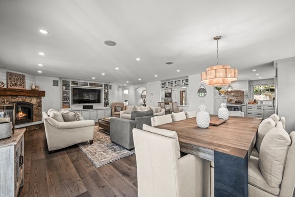 Chandelier, Dining room, Fireplace, Interior, Living room, Recessed Lighting, Wood Texture Flooring