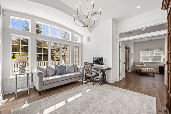Chandelier, Home Office, Interior, Recessed Lighting, Wood Texture Flooring
