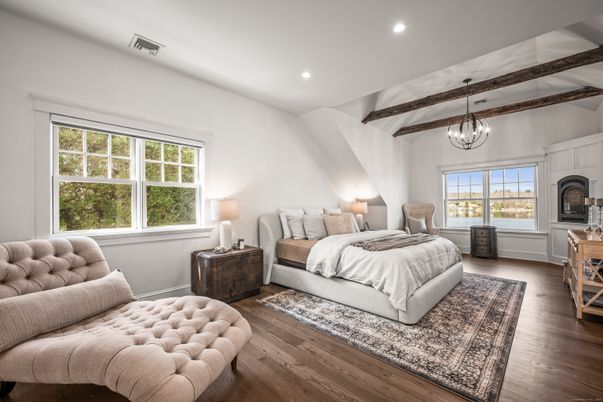 Bedroom, Chandelier, Interior, Recessed Lighting, Wooden Beams, Wood Texture Flooring