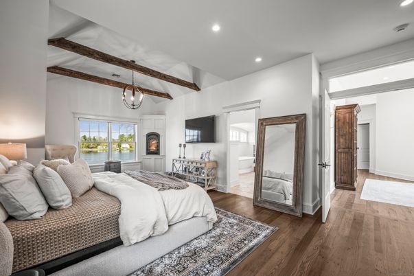 Bedroom, Fireplace, Interior, Pendant Lights, Recessed Lighting, Wooden Beams, Wood Texture Flooring