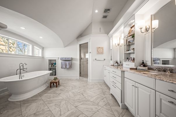 Bathroom, Dual Sink Vanities, Free Standing Baths, Glass Shower, Interior, Marble, Recessed Lighting