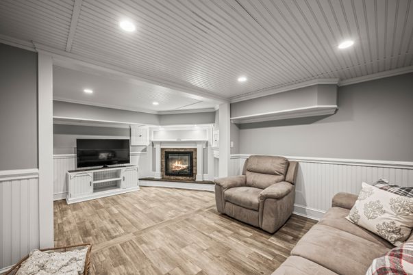 Fireplace, Interior, Living room, Recessed Lighting, Wood Texture Flooring