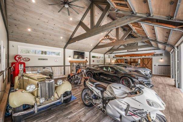 Garage, Interior, Recessed Lighting, Wooden Beams, Wooden Ceilings, Wood Texture Flooring