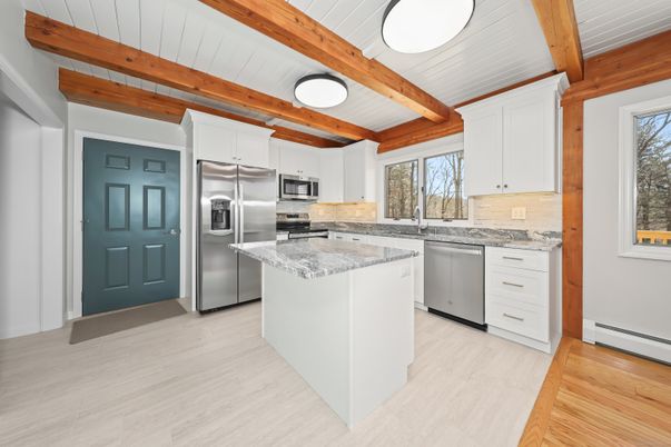 Interior, Kitchen, Stainless Steel Appliances, Wooden Beams, Wood Texture Flooring