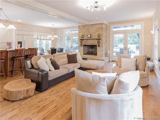 Dining room, Fireplace, Interior, Kitchen, Living room, Pendant Lights, Recessed Lighting, Stone Walls, Wood Texture Flooring