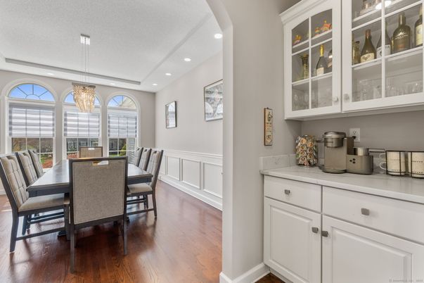 Dining room, Interior, Pendant Lights, Recessed Lighting, Wood Texture Flooring