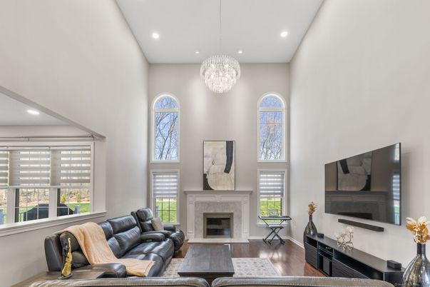 Fireplace, Interior, Living room, Pendant Lights, Recessed Lighting, Wood Texture Flooring