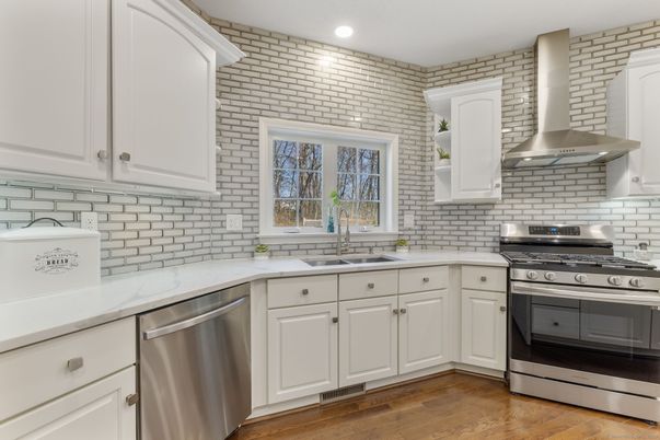 Interior, Kitchen, Recessed Lighting, Stainless Steel Appliances, Stone Walls, Wood Texture Flooring