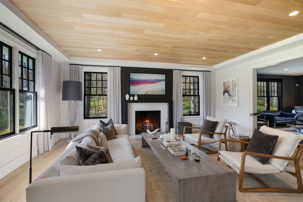 Fireplace, Interior, Living room, Recessed Lighting, Wooden Ceilings, Wood Texture Flooring