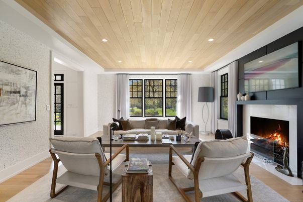 Fireplace, Interior, Living room, Recessed Lighting, Wooden Ceilings, Wood Texture Flooring