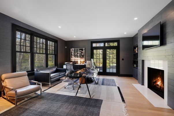 Fireplace, Home Office, Interior, Living room, Recessed Lighting, Wood Texture Flooring