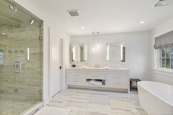 Bathroom, Dual Sink Vanities, Free Standing Baths, Glass Shower, Interior, Marble, Pendant Lights, Recessed Lighting