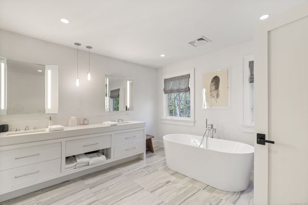 Bathroom, Dual Sink Vanities, Free Standing Baths, Interior, Marble, Pendant Lights, Recessed Lighting