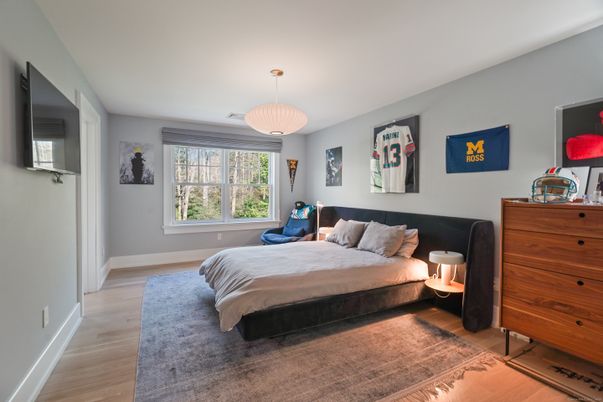 Bedroom, Interior, Pendant Lights, Wood Texture Flooring