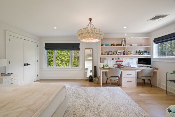 Chandelier, Home Office, Interior, Recessed Lighting, Wood Texture Flooring
