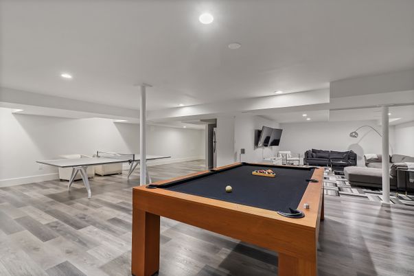 Billiard Table, Game Room, Interior, Recessed Lighting, Wood Texture Flooring