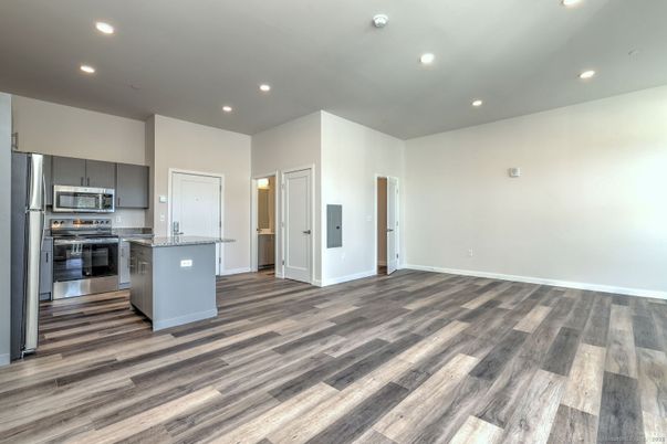 Interior, Kitchen, Recessed Lighting, Stainless Steel Appliances, Wood Texture Flooring