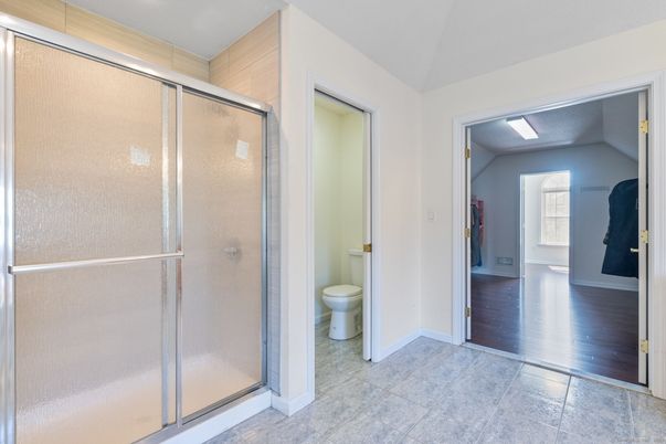 Bathroom, Glass Shower, Interior, Wood Texture Flooring