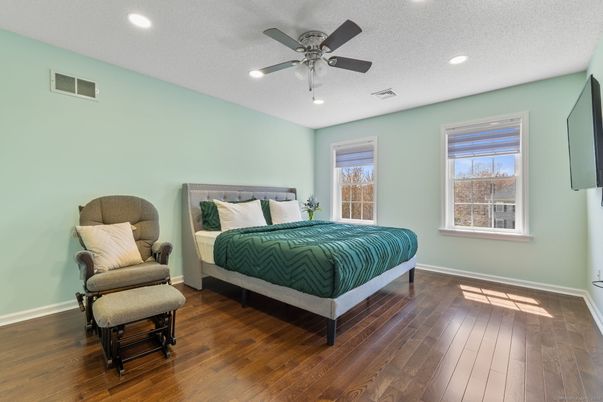 Bedroom, Interior, Recessed Lighting, Wood Texture Flooring