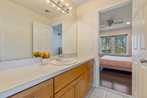 Bathroom, Dual Sink Vanities, Interior, Recessed Lighting, Wood Texture Flooring
