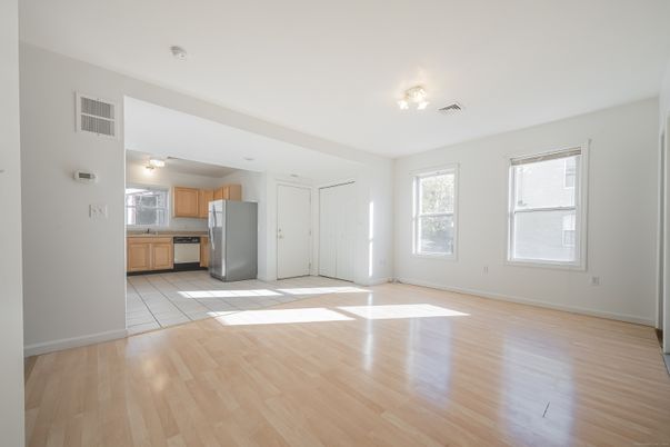 Empty room, Interior, Kitchen, Stainless Steel Appliances, Wood Texture Flooring