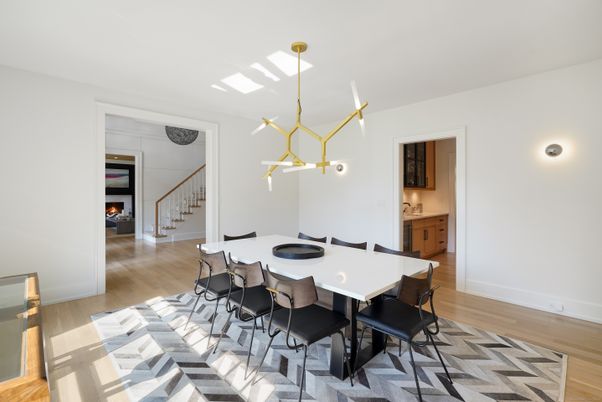Dining room, Fireplace, Interior, Pendant Lights, Wood Texture Flooring