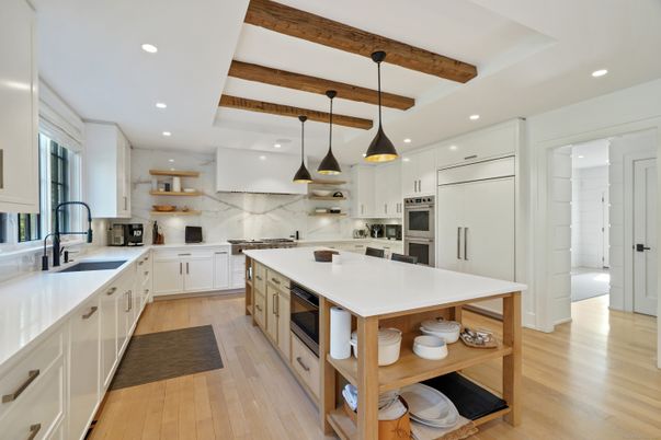 Interior, Kitchen, Pendant Lights, Recessed Lighting, Stainless Steel Appliances, Wooden Beams, Wood Texture Flooring