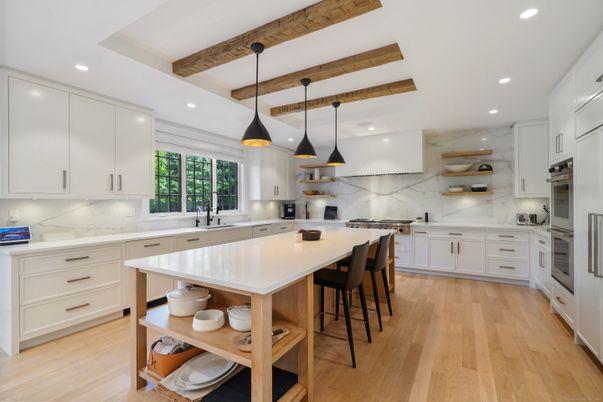 Interior, Kitchen, Marble Walls, Pendant Lights, Recessed Lighting, Stainless Steel Appliances, Wooden Beams, Wood Texture Flooring