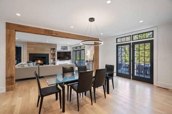 Dining room, Fireplace, Interior, Living room, Pendant Lights, Recessed Lighting, Wood Texture Flooring