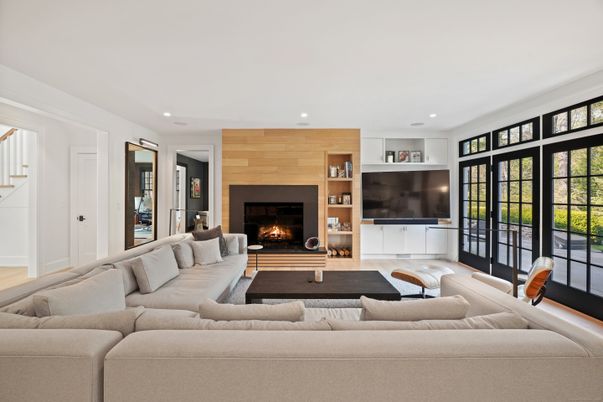 Fireplace, Interior, Living room, Recessed Lighting, Wood Texture Flooring, Wooden Walls