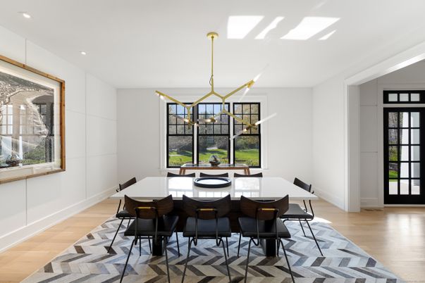 Dining room, Interior, Pendant Lights, Recessed Lighting, Wood Texture Flooring