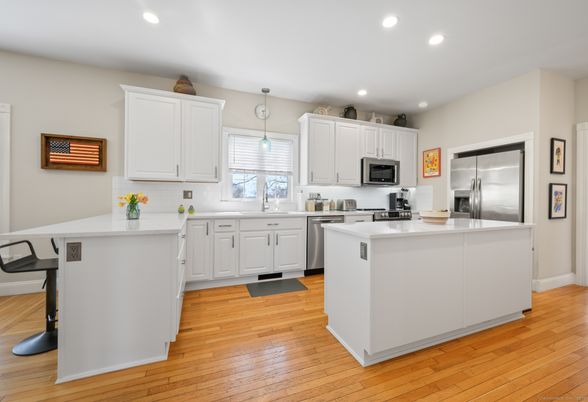 Interior, Kitchen, Pendant Lights, Recessed Lighting, Stainless Steel Appliances, Wood Texture Flooring
