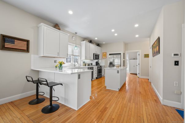 Interior, Kitchen, Recessed Lighting, Stainless Steel Appliances, Wood Texture Flooring